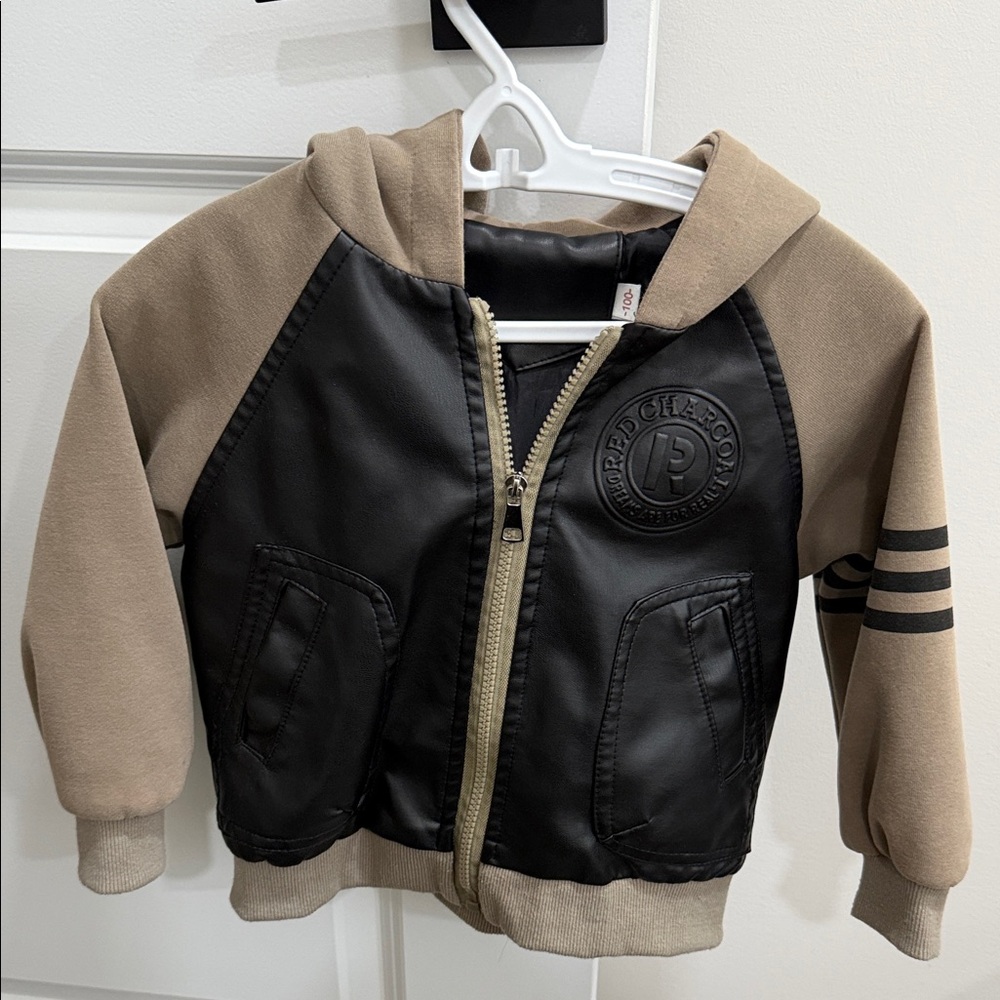 Black Faux Leather & Tan Hoodie Jacket with Patch Logo